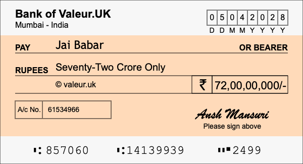 How to write a cheque for 72 crore rupees