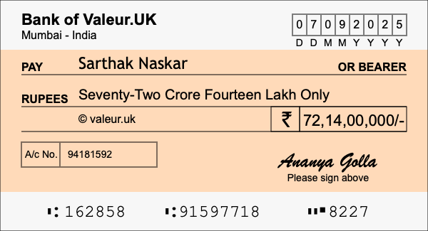 How to write a cheque for 72.14 crore rupees