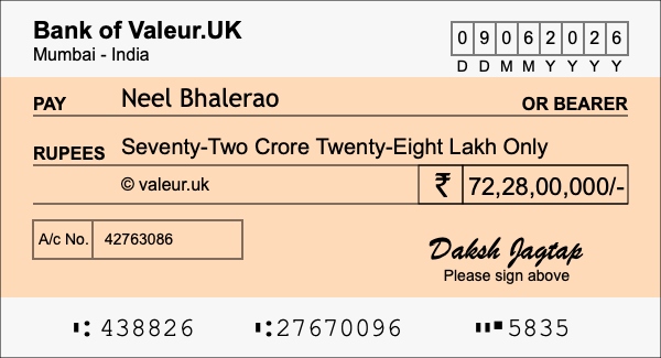 How to write a cheque for 72.28 crore rupees