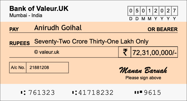 How to write a cheque for 72.31 crore rupees