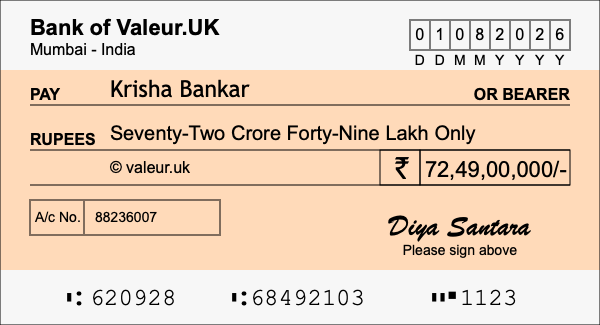 How to write a cheque for 72.49 crore rupees