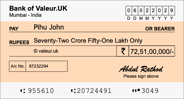 How to write a cheque for 72.51 crore rupees