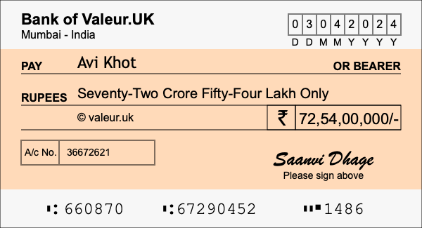 How to write a cheque for 72.54 crore rupees