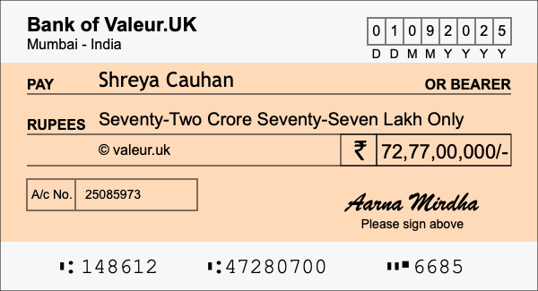 How to write a cheque for 72.77 crore rupees