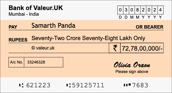 How to write a cheque for 72.78 crore rupees