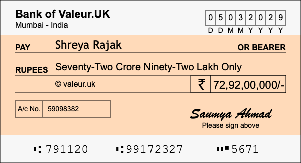 How to write a cheque for 72.92 crore rupees