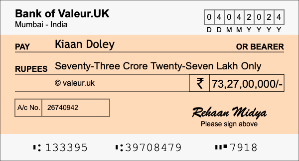 How to write a cheque for 73.27 crore rupees