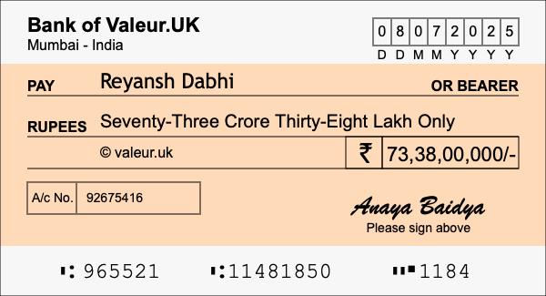 How to write a cheque for 73.38 crore rupees