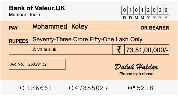 How to write a cheque for 73.51 crore rupees
