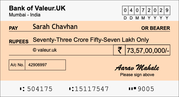 How to write a cheque for 73.57 crore rupees