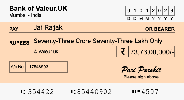 How to write a cheque for 73.73 crore rupees