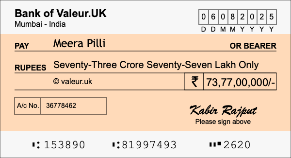 How to write a cheque for 73.77 crore rupees
