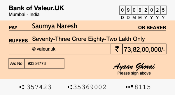 How to write a cheque for 73.82 crore rupees
