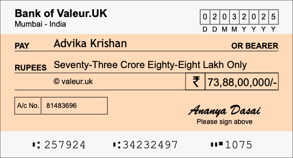 How to write a cheque for 73.88 crore rupees