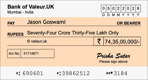 How to write a cheque for 74.35 crore rupees