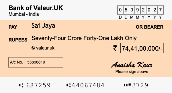 How to write a cheque for 74.41 crore rupees How to write a cheque for 74.41 crore rupees