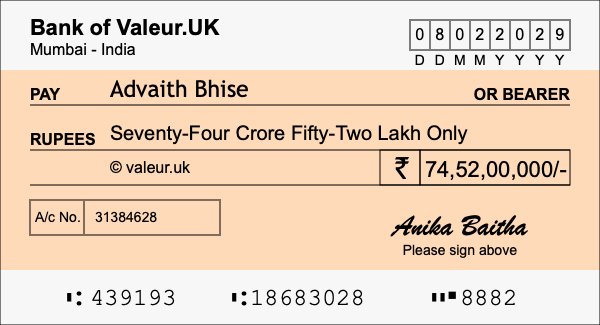 How to write a cheque for 74.52 crore rupees