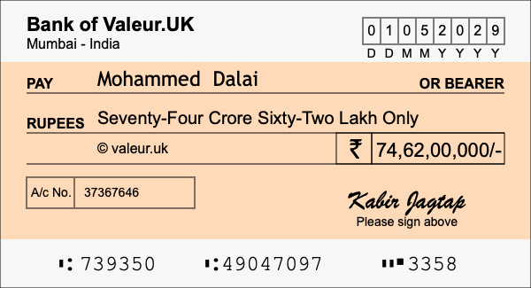 How to write a cheque for 74.62 crore rupees