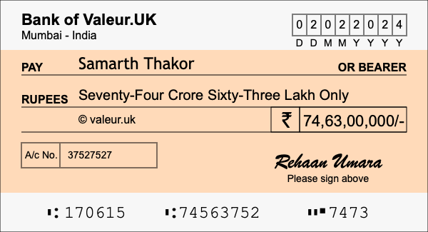 How to write a cheque for 74.63 crore rupees