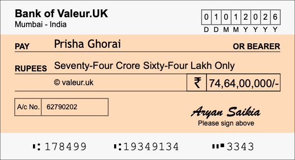 How to write a cheque for 74.64 crore rupees