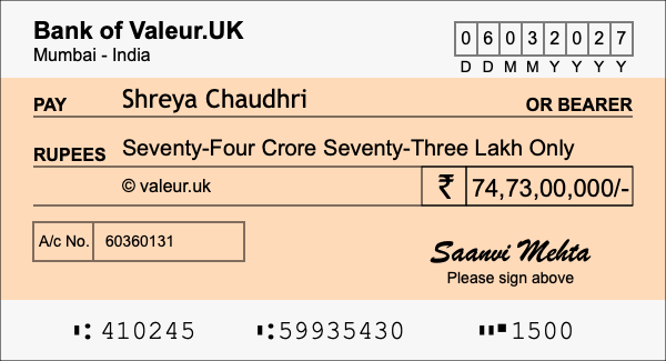 How to write a cheque for 74.73 crore rupees