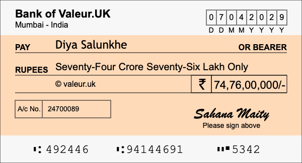 How to write a cheque for 74.76 crore rupees