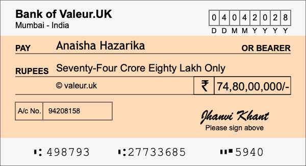How to write a cheque for 74.8 crore rupees