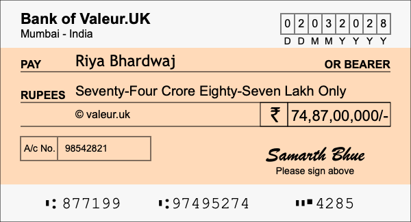 How to write a cheque for 74.87 crore rupees How to write a cheque for 74.87 crore rupees