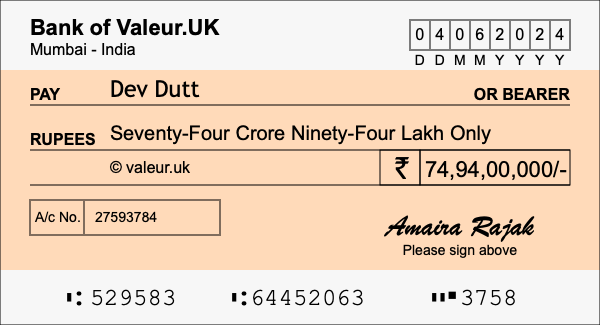 How to write a cheque for 74.94 crore rupees