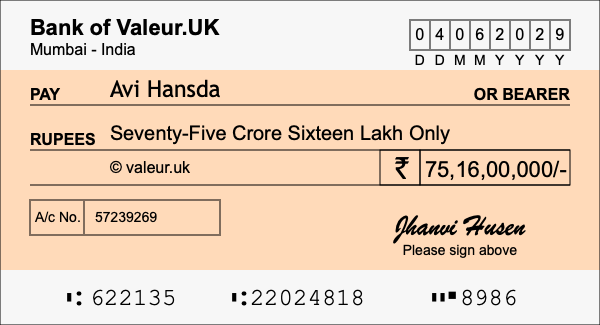 How to write a cheque for 75.16 crore rupees