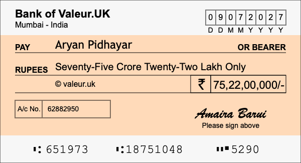 How to write a cheque for 75.22 crore rupees