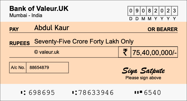 How to write a cheque for 75.4 crore rupees