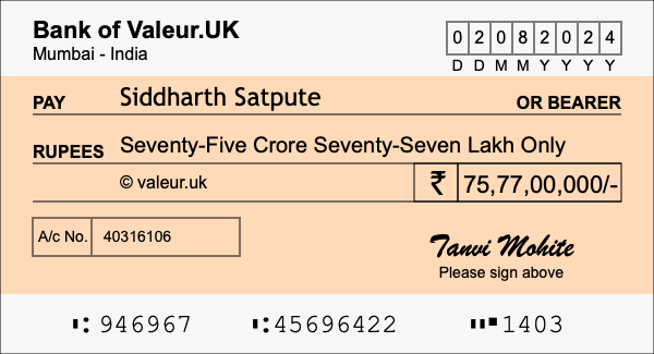 How to write a cheque for 75.77 crore rupees