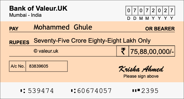 How to write a cheque for 75.88 crore rupees