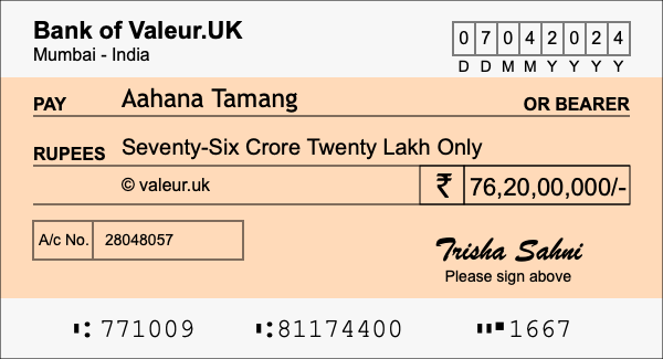 How to write a cheque for 76.2 crore rupees