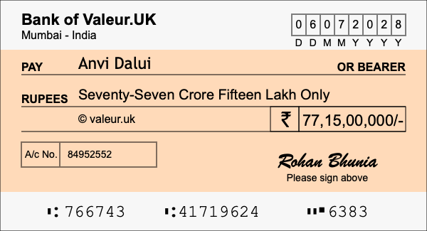 How to write a cheque for 77.15 crore rupees