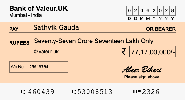 How to write a cheque for 77.17 crore rupees