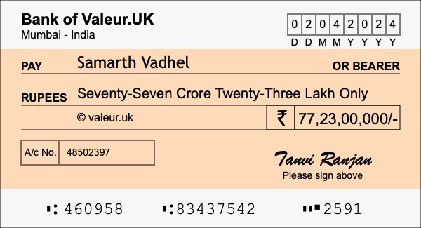 How to write a cheque for 77.23 crore rupees