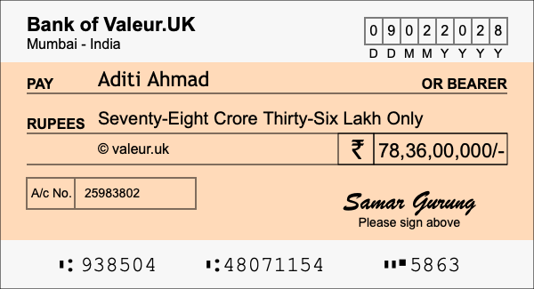 How to write a cheque for 78.36 crore rupees How to write a cheque for 78.36 crore rupees