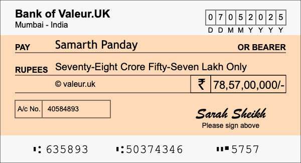 How to write a cheque for 78.57 crore rupees