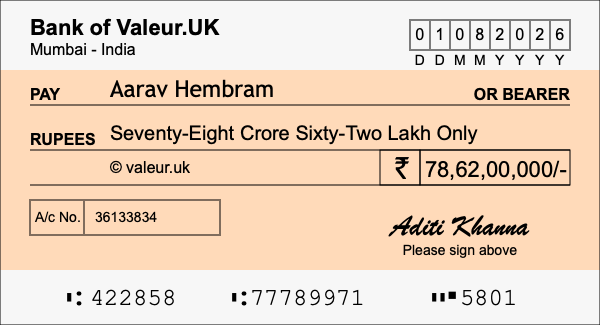 How to write a cheque for 78.62 crore rupees