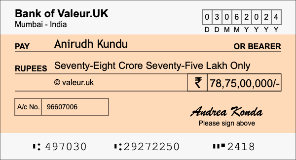 How to write a cheque for 78.75 crore rupees