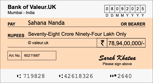 How to write a cheque for 78.94 crore rupees