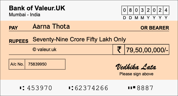 How to write a cheque for 79.5 crore rupees