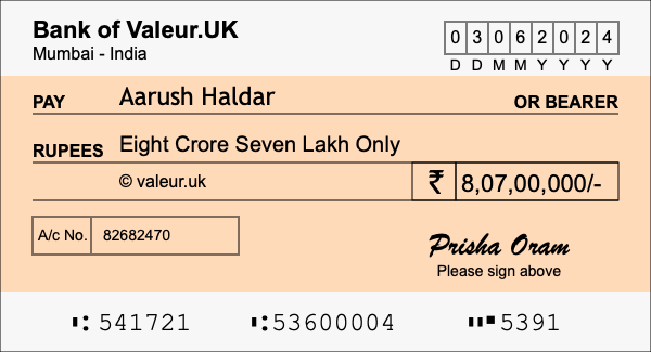 How to write a cheque for 8.07 crore rupees