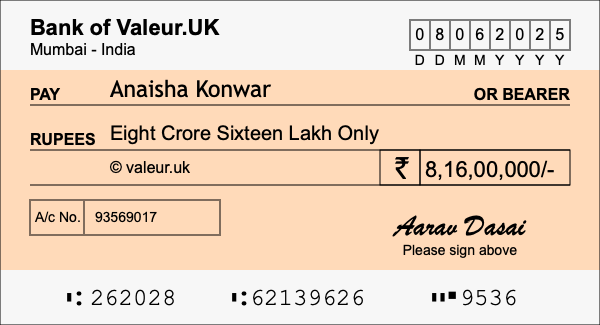 How to write a cheque for 8.16 crore rupees