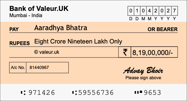 How to write a cheque for 8.19 crore rupees