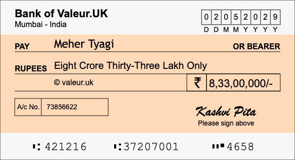 How to write a cheque for 8.33 crore rupees