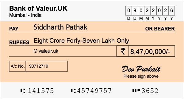 How to write a cheque for 8.47 crore rupees