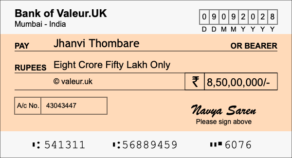 How to write a cheque for 8.5 crore rupees How to write a cheque for 8.5 crore rupees